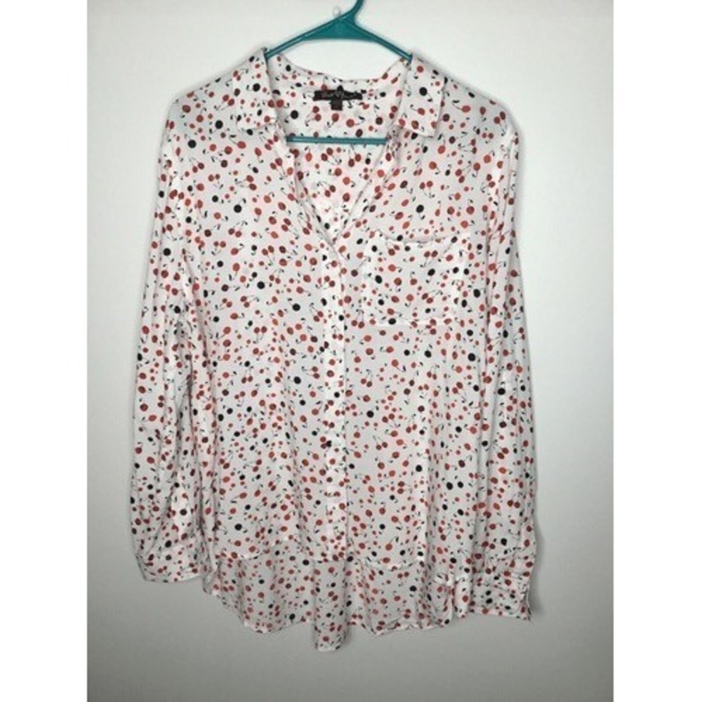 Velvet Heart White/Red Cherry Print Button Up Shirt‎ Blouse Women Large Vietnam